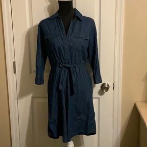 Cute denim dress with elastic waist and tie closure. EUC no signs of wear.❤️